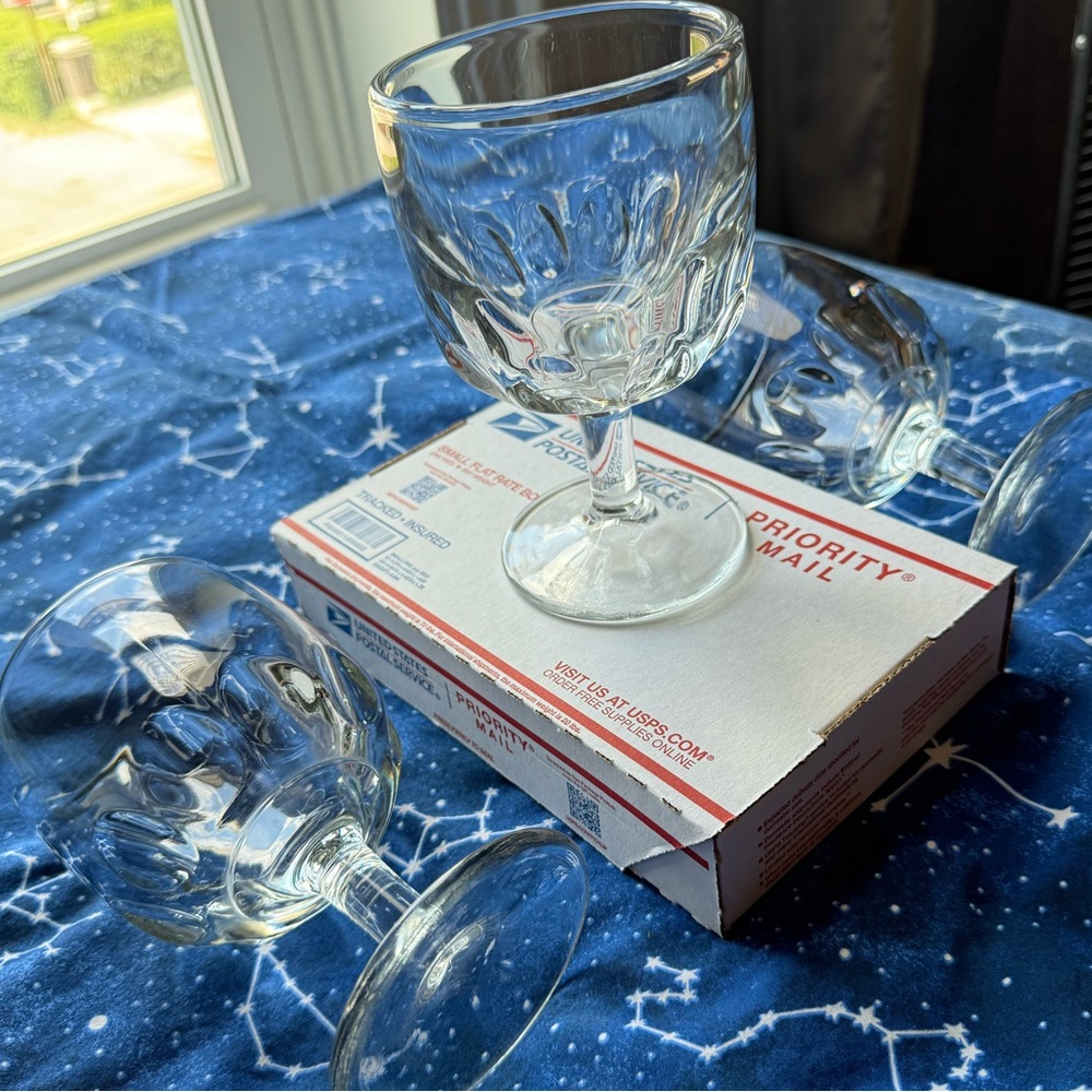 VINTAGE Set of 3 Heavy Clear Chunky Thumbprint Glass Goblets